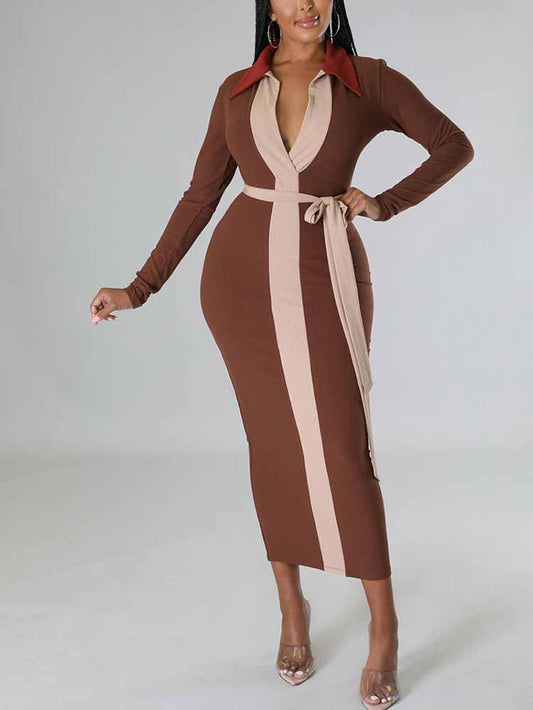 Women's Ribbed Colorblock Belt Dresses Midi Dresses women's mini dress