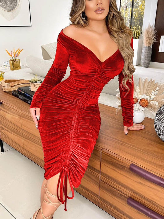 Women's Velvet Off Shoulder Drawstring Dress Midi Dresses women's mini dress