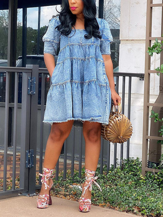 Women's Denim Puff Sleeve Mini Dress Blue