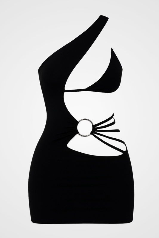 Women's Asymmetric Cut Out O - Ring Strappy Mini Dresses Black XS