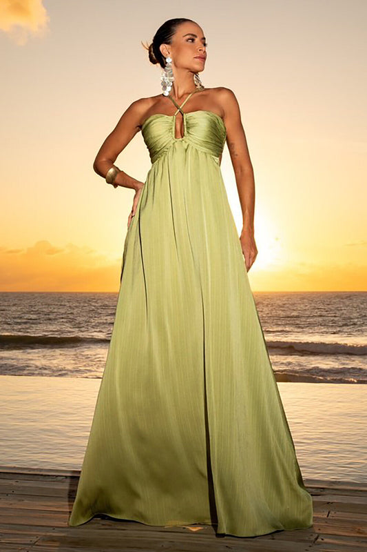 Cross Halter Neck Open Back A - Line Solid Color Maxi Dresses - Green women's dress by vivmom