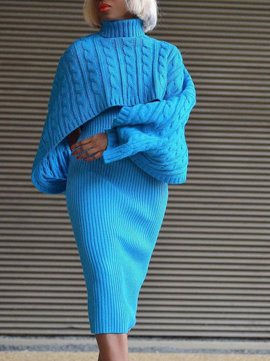 Women's Knitted Turtleneck Sweaters & Tank Dress Set Midi Dresses women's mini dress