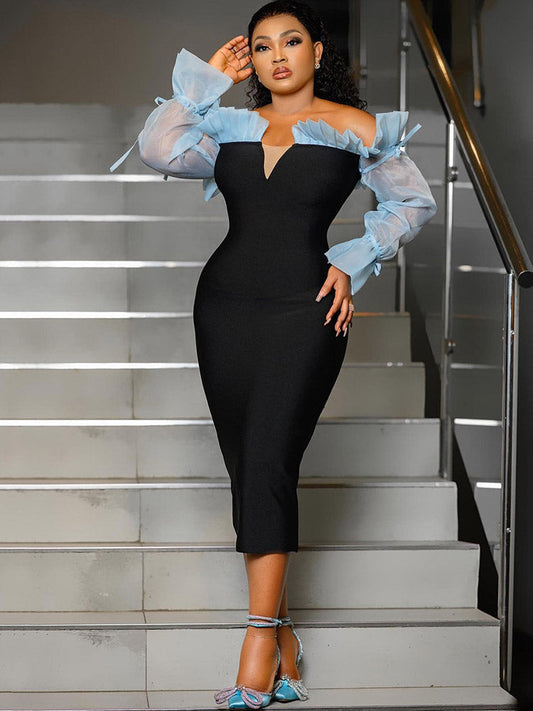 Women's Bell Sleeve Ruffle Mesh Midi Dress Midi Dresses women's mini dress