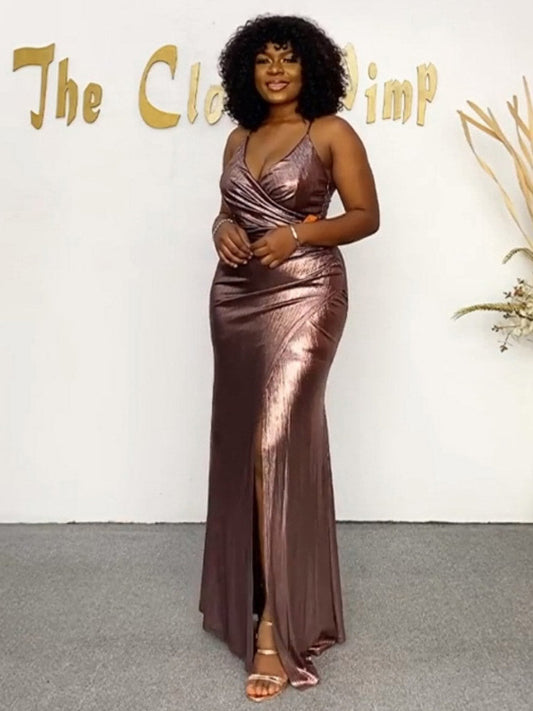 Women's Backless Bronzing Slit Maxi Dress Dress