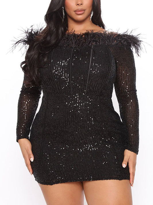 Women's Feather Trim Sequin Mini Dress Black