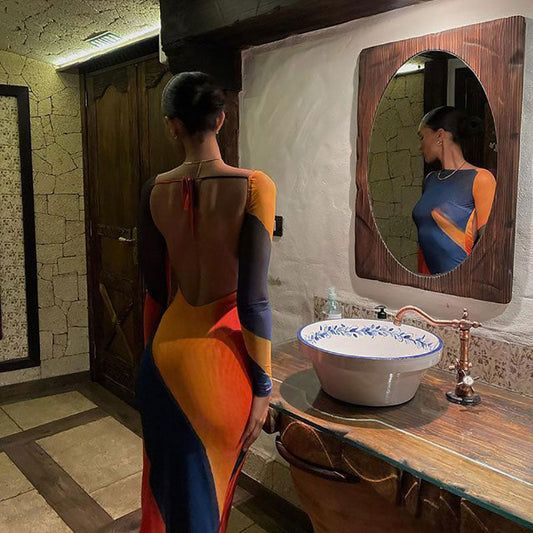 Women's Abstract Boat Neck Long Sleeve Fishtail Backless Maxi Dress