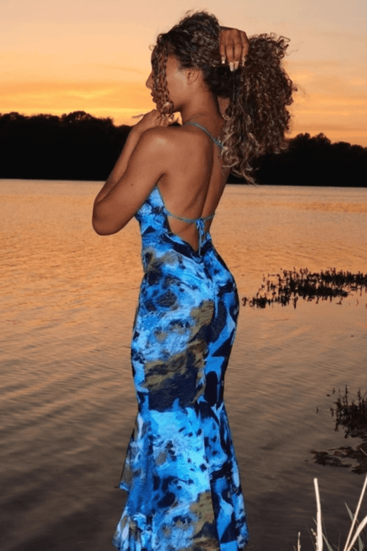 Deep V Neck Halter Ruched Tied Up Sash Asymmetric Ruffle Hem Pattern Print Maxi Dresses - Blue women's dress by vivmom