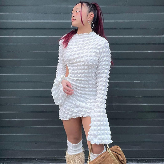 women's texture cut out long sleeve bodycon mini dress party dresses