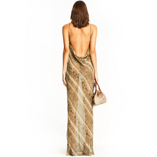 Women's Animal Print Cowl Backless Sheer Slit Slip Maxi Dress