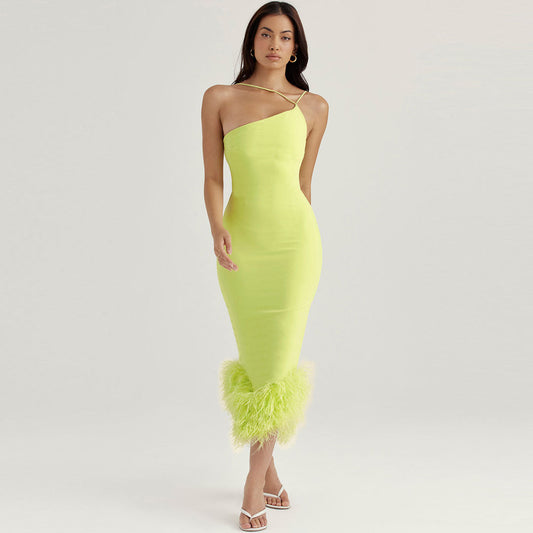 Women's Feather Trim Sleeveless Bodycon Cocktail Midi Dress Midi Dresses women's mini dress