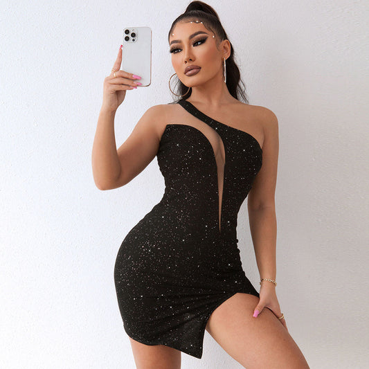 women's mesh panel side split one shoulder bodycon mini dress party dresses