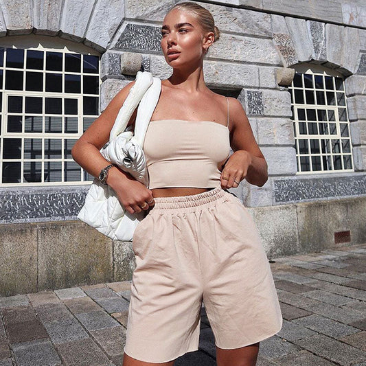 Spaghetti Strap Square Neck Crop Tank Top - Apricot