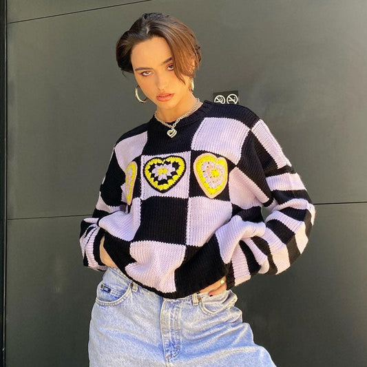 Heart Checkered Drop Shoulder Long Sleeve Sweater - Purple