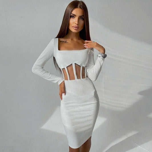 Women's Square Neck Long Sleeve Mesh Panel Midi Dress Midi Dresses women's mini dress