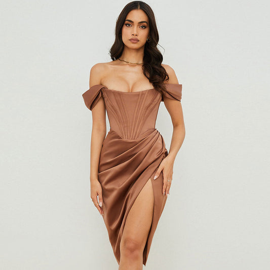 Women's Off Shoulder Draped Corset Cocktail Midi Dress Midi Dresses women's mini dress