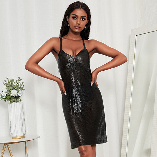 Women's Chainmail V Neck Low Back Sleeveless Party Mini Dress - Black