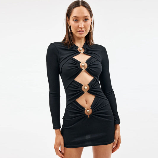 women's ruched trim cut out long sleeve bandage party mini dress bodycon dresses