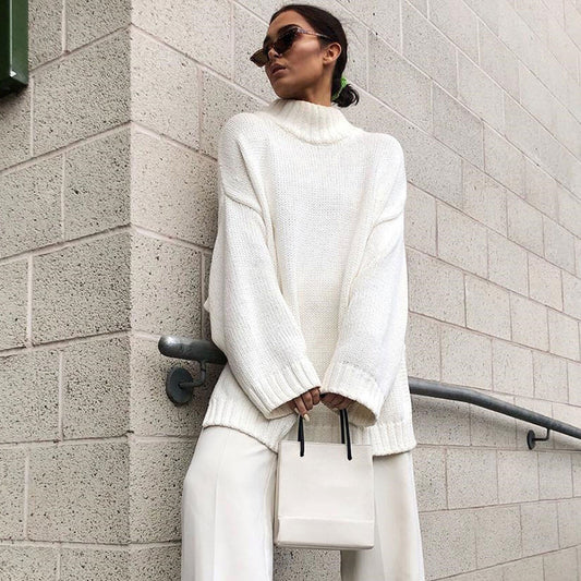 Mock Neck Drop Shoulder Long Sleeve Sweater - White