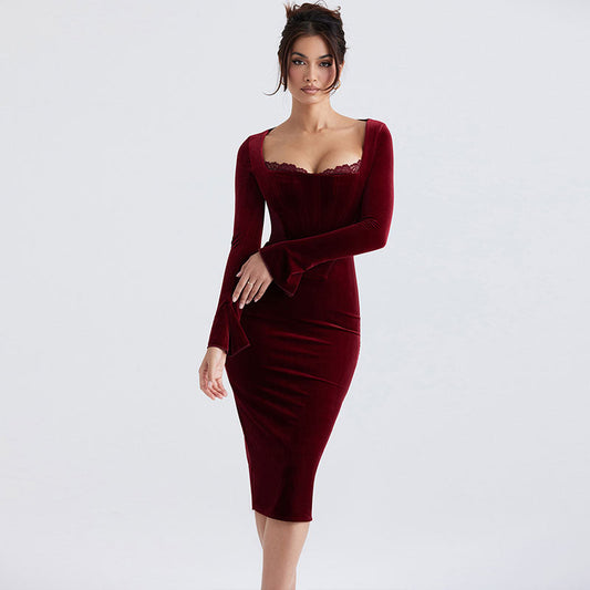Women's Velvet Long Sleeve Lace Trim Mesh Panel Corset Bodycon Midi Dress Midi Dresses women's mini dress