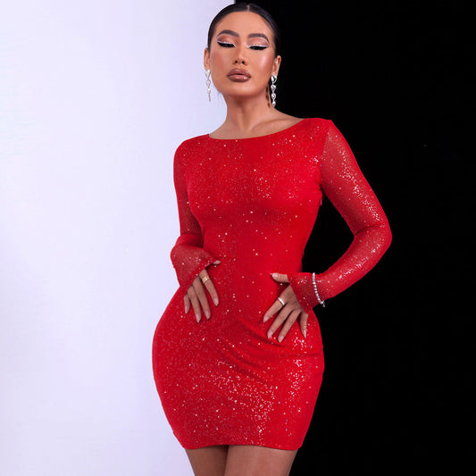 women's rhinestone tassel boat neck open back party mini dress bodycon dresses