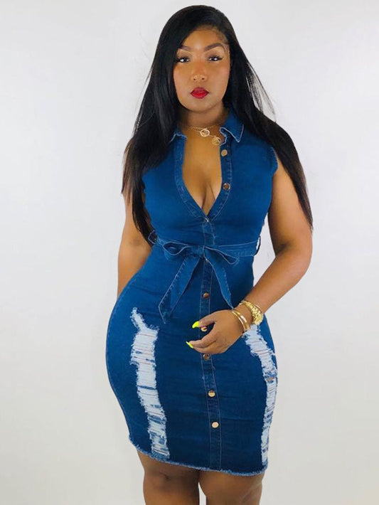 Women's Button Sleeveless Ripped Denim Dress Mini Dresses Navy Blue