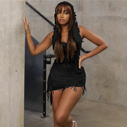 women's distressed sleeveless low back hooded mini dress bodycon dresses