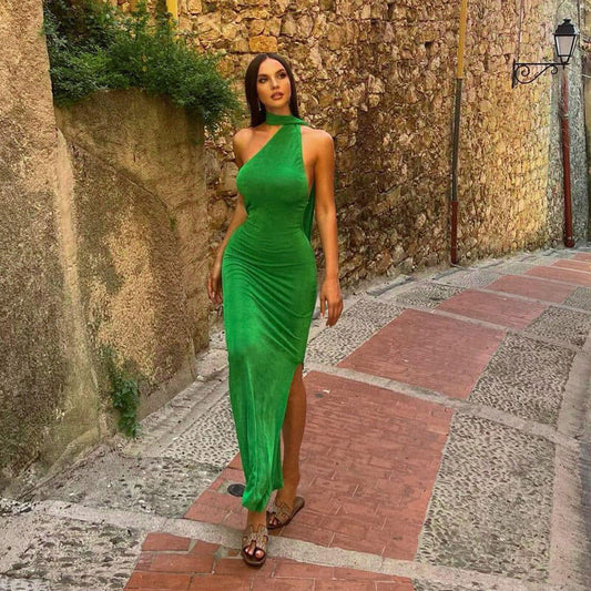 women's draped trim low back sleeveless split formal maxi dress party dresses