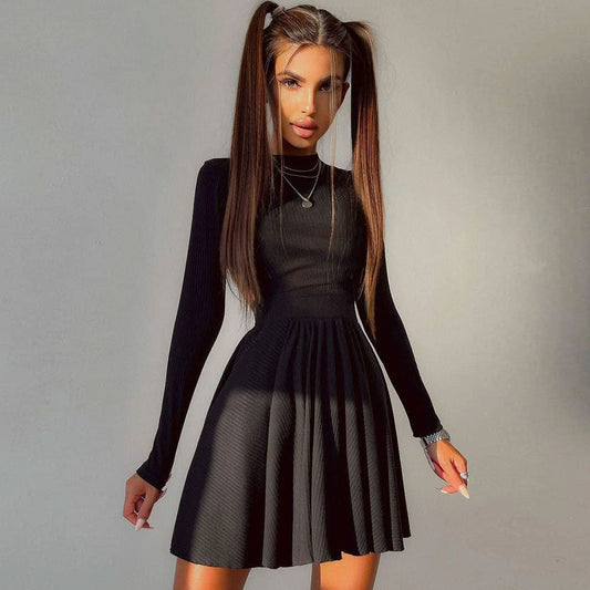 Women's Cut Out Back Long Sleeve Skater Mini Dress - Black