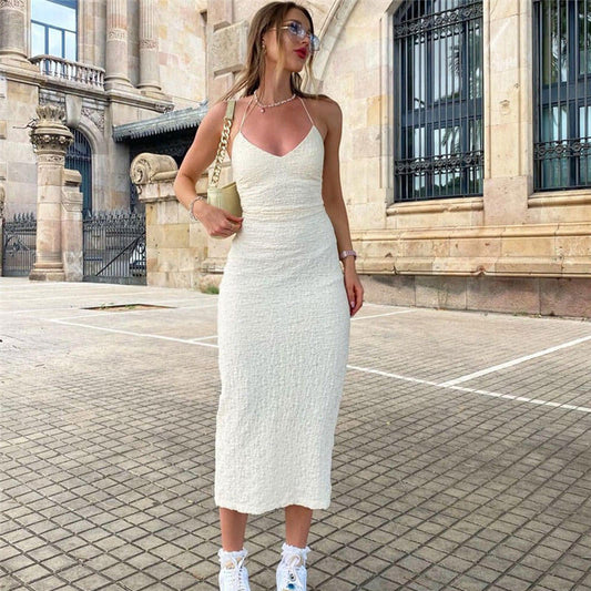 Women's Textured Split Trim Low Back Sleeveless Halter Midi Dress Midi Dresses women's mini dress