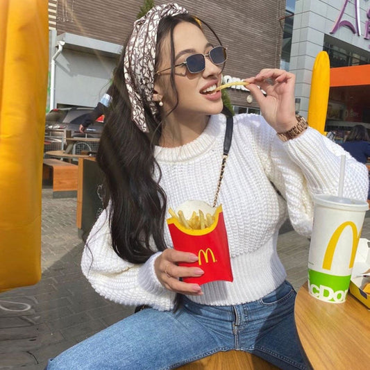 Round Neck Bishop Sleeve Crop Pullover Sweater - White