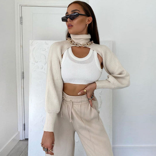 Unique Turtleneck Long Sleeve Crop Pullover Sweater - White