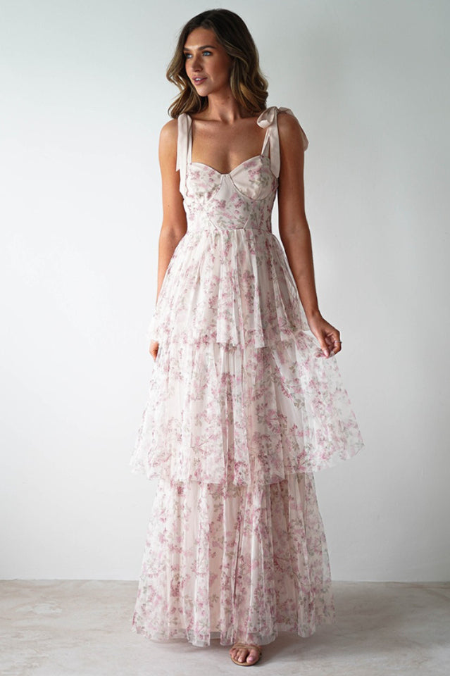 Tie Up Floral Print Tiered Maxi Dress | Dress In Beauty