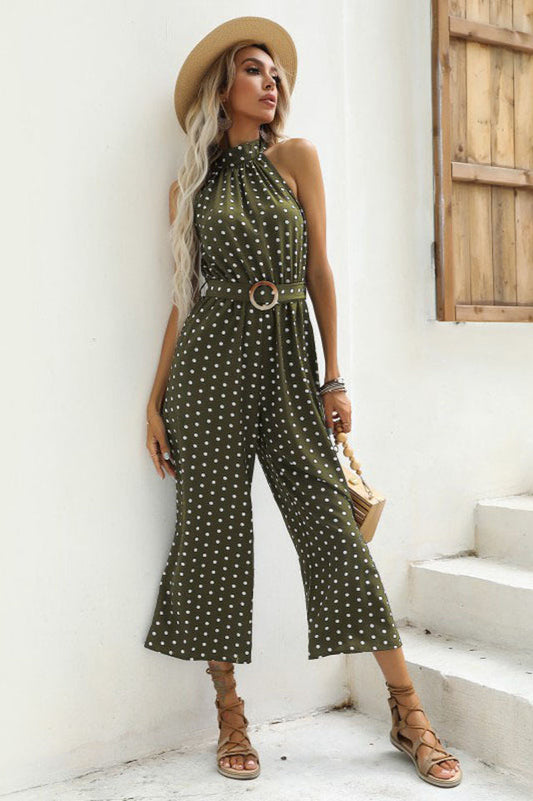 Polka Dots Print Funnel Neck Belted Jumpsuit | Dress In Beauty