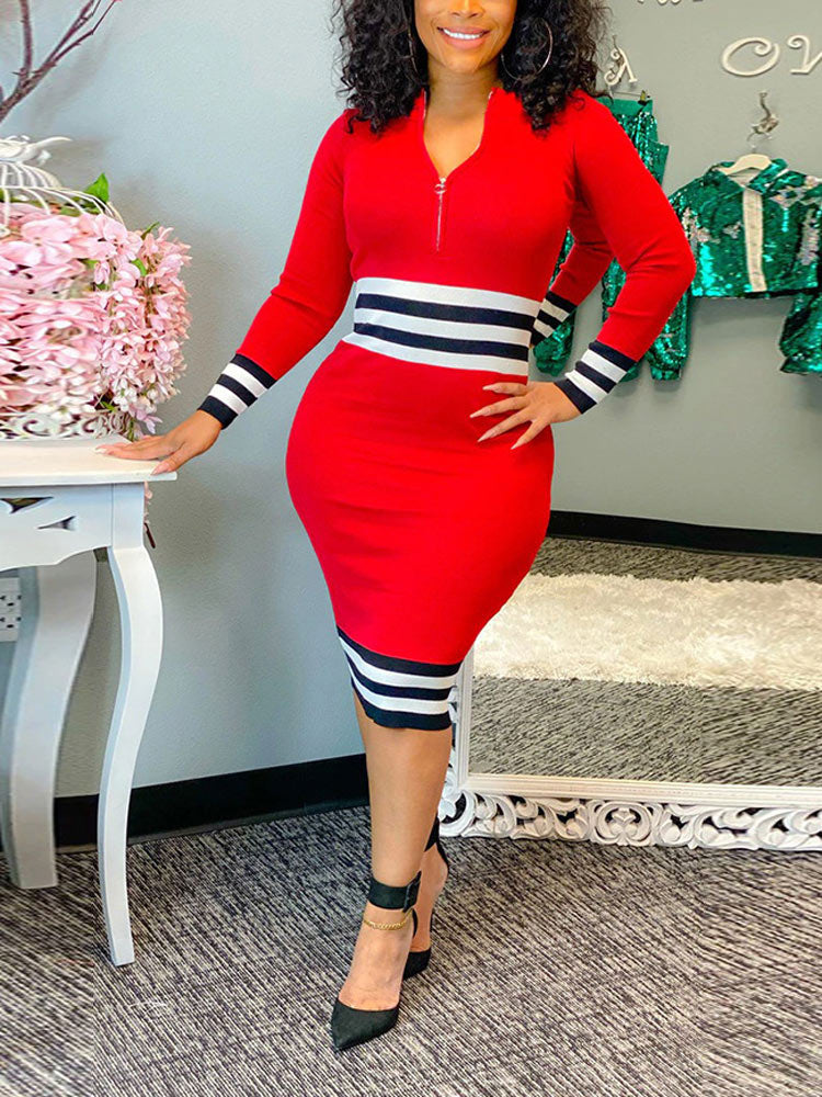 Women's Striped Patchwork Bodycon Dress Midi Dresses women's mini dress
