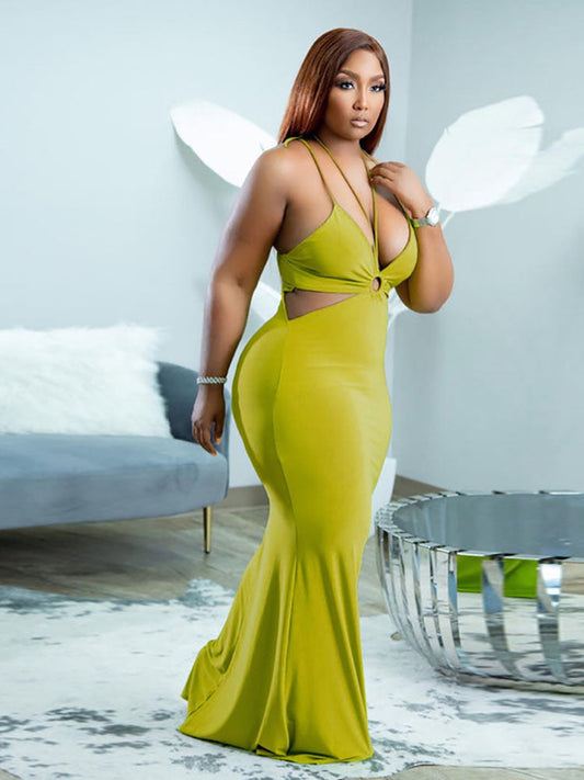 Women's Deep V Neck Tie Backless Bodycon Dress Dress