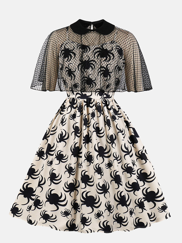 Women's Halloween Mesh Shawl & Spider Dress Midi Dresses women's mini dress