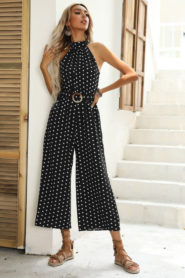 Polka Dots Print Funnel Neck Belted Jumpsuit | Dress In Beauty