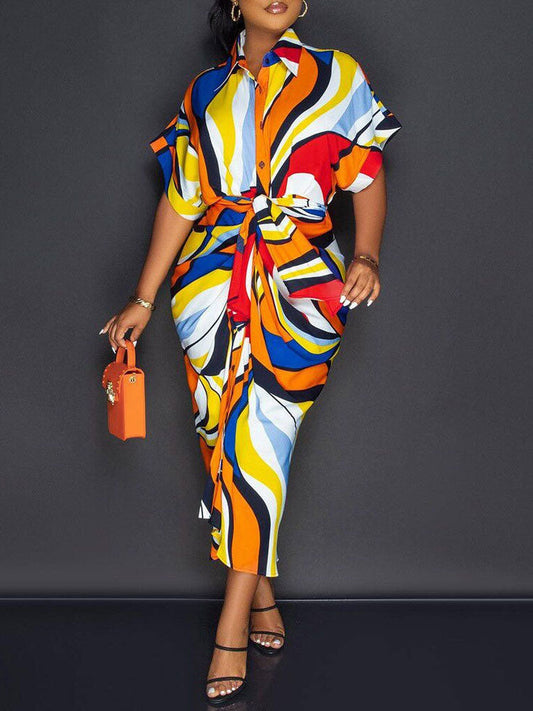 Women's Printed Ruched Belt Midi Dress Midi Dresses women's mini dress