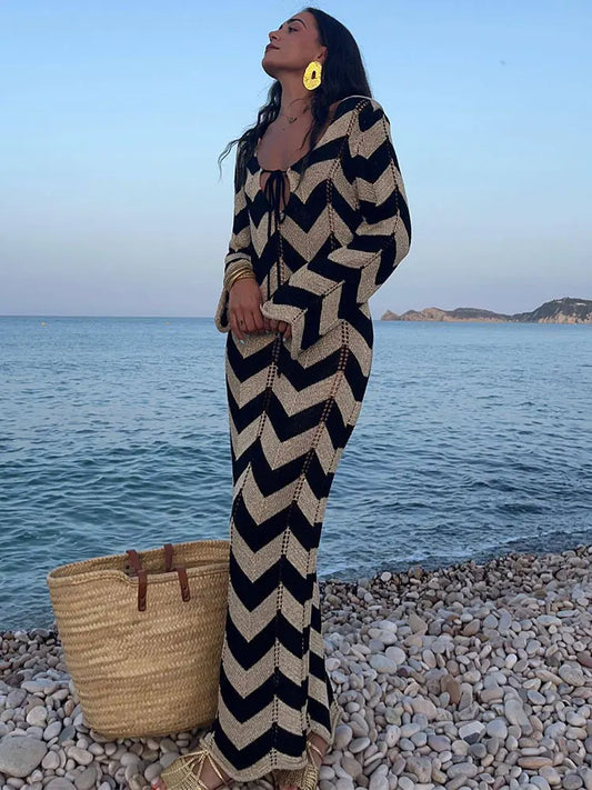 Women's GACVGA Knitted Stripe Full Sleeve Maxi Dress Hollow Out Beach Elegant Slim Party Club Long Dress Dress