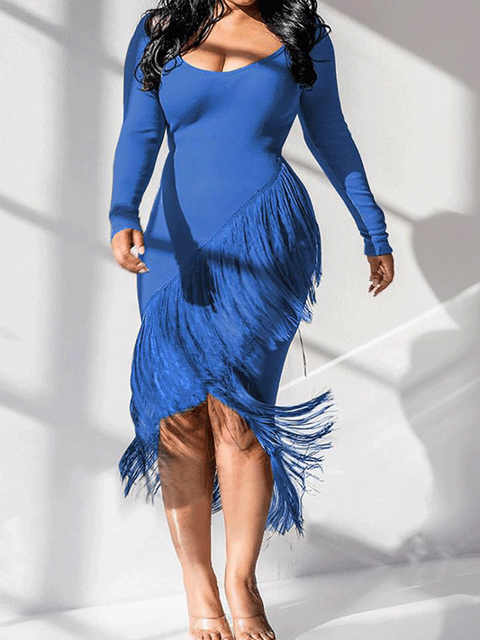 Women's Solid Tassel Irregular Midi Dress Midi Dresses women's mini dress