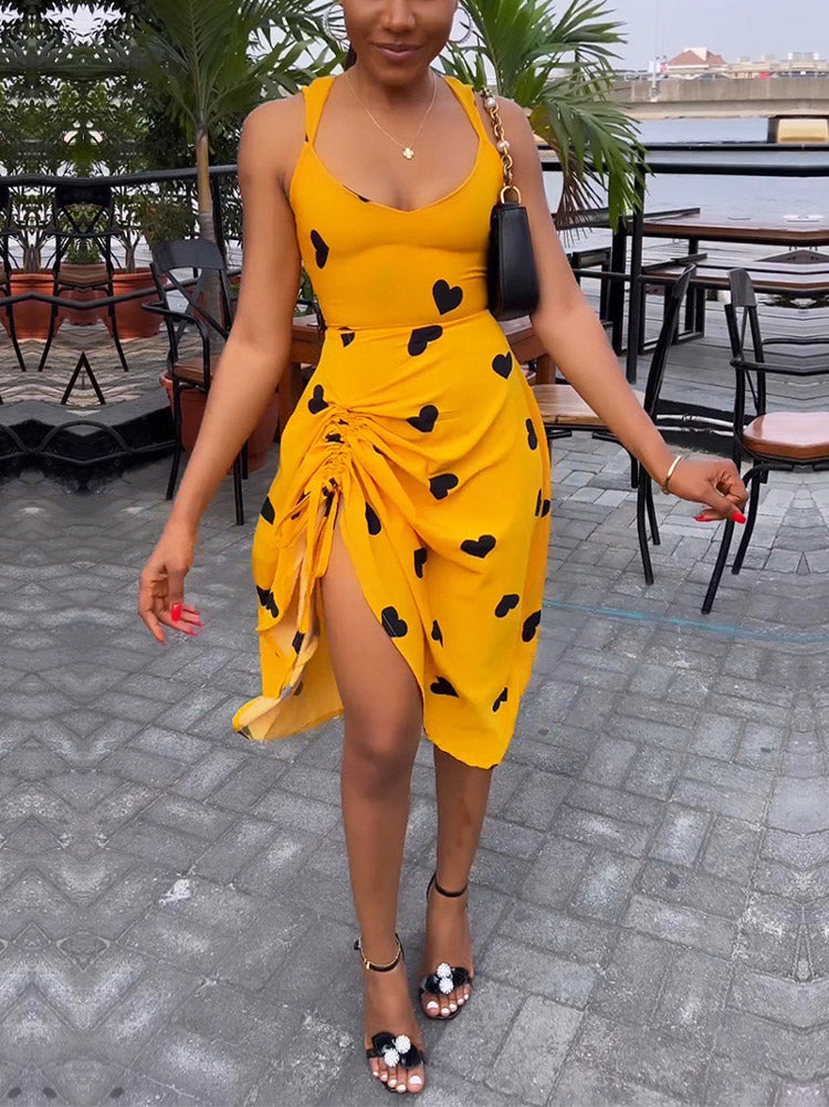 Women's Heart Printed Drawstring Ruched Midi Dress Midi Dresses women's mini dress