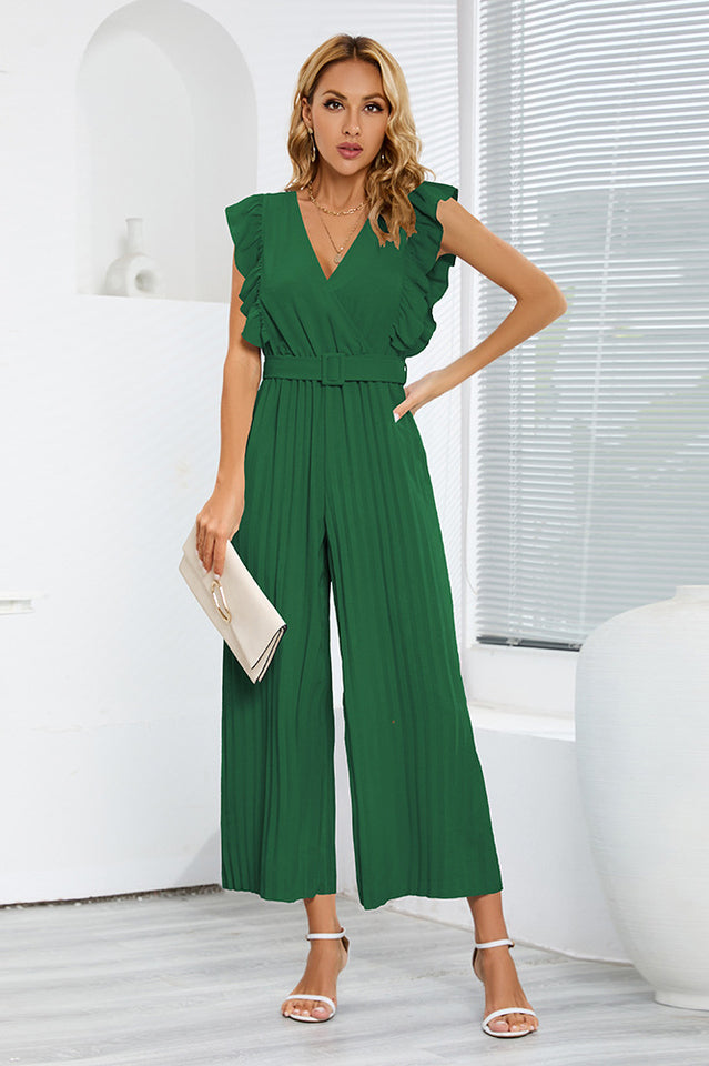 V-Neck Pleats Belted Jumpsuit | Dress In Beauty