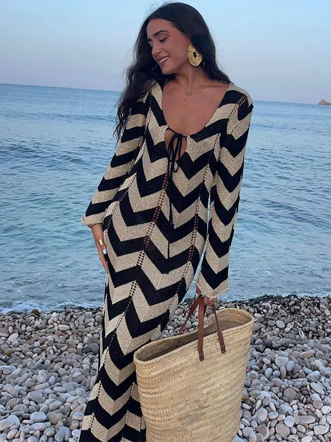 Women's GACVGA Knitted Stripe Full Sleeve Maxi Dress Hollow Out Beach Elegant Slim Party Club Long Dress Dress