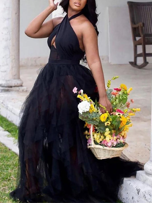 Women's Backless Halter Mesh Party Maxi Dress Dress