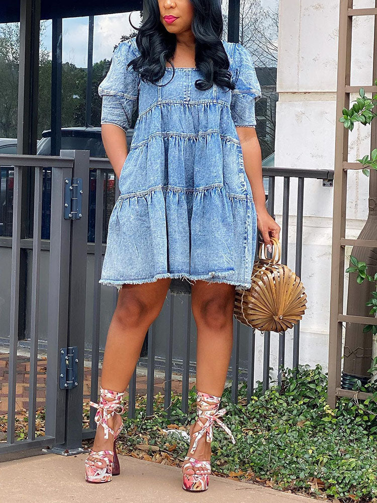 Women's Denim Puff Sleeve Mini Dress Blue