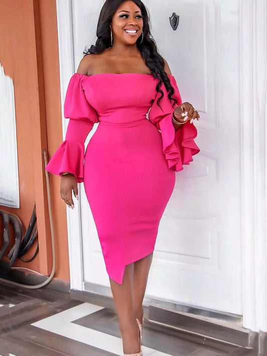 Women's Ruffle Trim Sleeve Off Shoulder Dress Midi Dresses women's mini dress