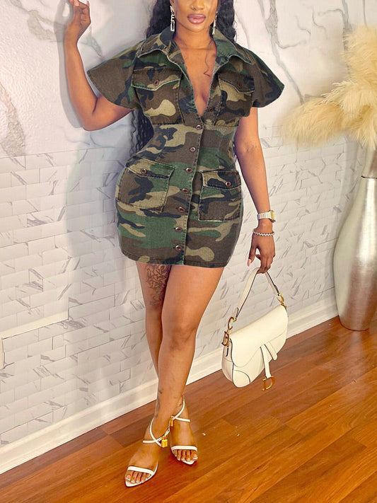 Women's Camouflage Lapels Button Sleeveless Dress with Pockets Mini Dresses