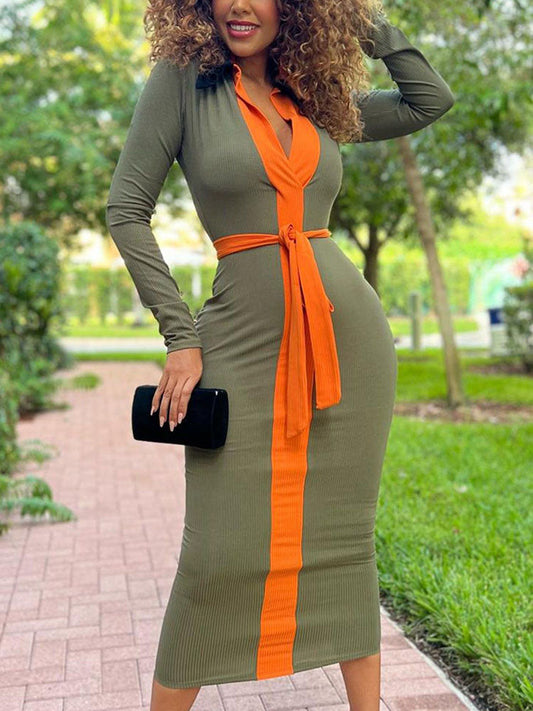 Women's Color Block V Neck Dress Dress