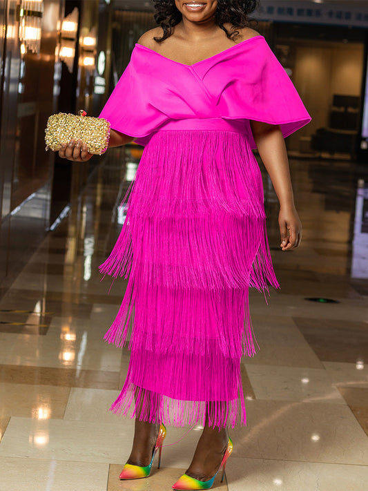 Women's Off Shoulder Tassel Patchwork Dress Midi Dresses women's mini dress