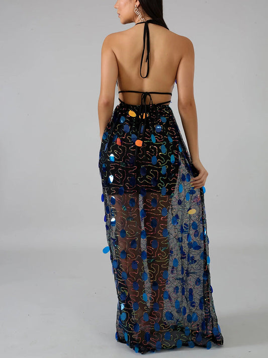 Women's Backless Strappy Sequin Dress Dress